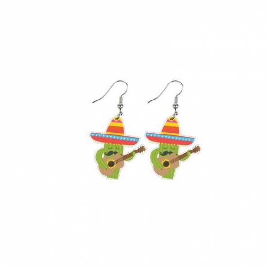 Picture of Acrylic Mexico Ethnic Ear Wire Hook Earrings Silver Tone Green Cactus Guitar 5.7cm x 2.8cm, 1 Pair
