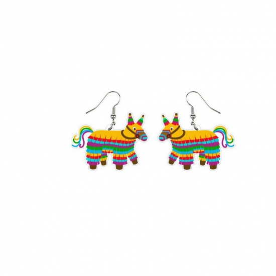 Picture of Acrylic Mexico Ethnic Ear Wire Hook Earrings Silver Tone Multicolor Horse Animal 4.2cm x 3.8cm, 1 Pair