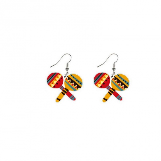 Picture of Acrylic Mexico Ethnic Ear Wire Hook Earrings Silver Tone Multicolor Bar 4.4cm x 3.1cm, 1 Pair