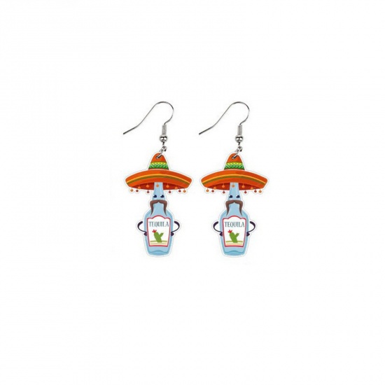 Picture of Acrylic Mexico Ethnic Ear Wire Hook Earrings Silver Tone Multicolor Beer Bottle Hat 6.1cm x 2.5cm, 1 Pair