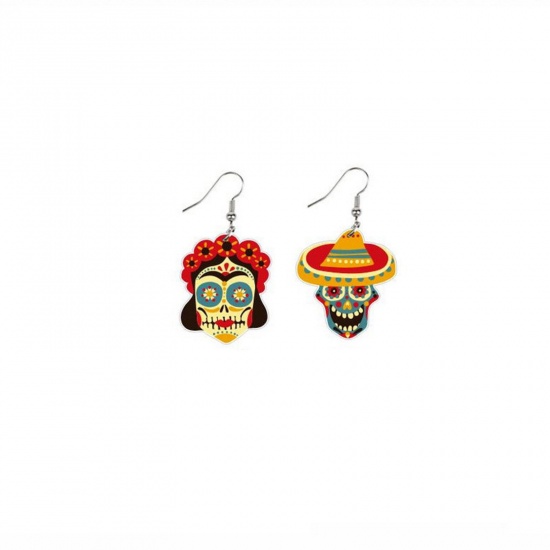 Picture of Acrylic Mexico Ethnic Asymmetric Earrings Silver Tone Multicolor Skeleton Skull 5.6cm x 2.9cm, 1 Pair