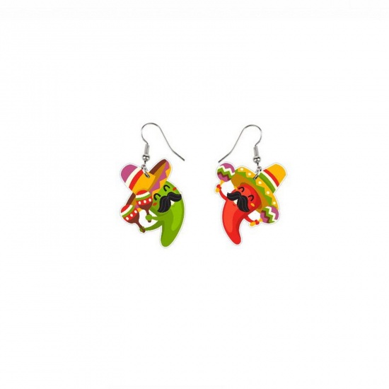 Picture of Acrylic Mexico Ethnic Asymmetric Earrings Silver Tone Multicolor Chili Hat 4.8cm x 2.7cm, 1 Pair