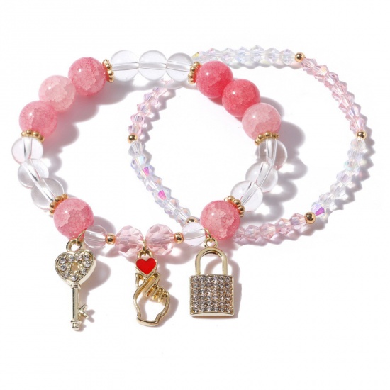 Image de Crystal Glass Exquisite Dainty Bracelets Delicate Bracelets Beaded Bracelet Pink Key Lock 18cm(7 1/8") long, 1 Set ( 2 PCs/Set)