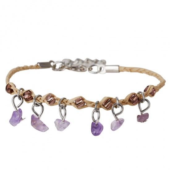 Image de Simulated Amethyst Boho Chic Bohemia Braided Bracelets Silver Tone Purple Chip Beads Tassel Adjustable 17cm(6 6/8") long, 1 Piece