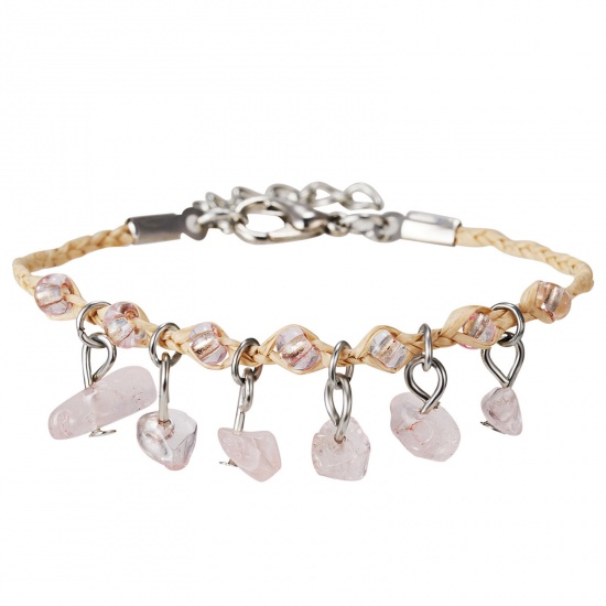 Image de Simulated Rose Quartz Boho Chic Bohemia Braided Bracelets Silver Tone Pink Chip Beads Tassel Adjustable 17cm(6 6/8") long, 1 Piece