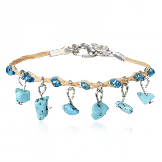 Image de Turquoise (Imitated) Boho Chic Bohemia Braided Bracelets Silver Tone Blue Chip Beads Tassel Adjustable 17cm(6 6/8") long, 1 Piece