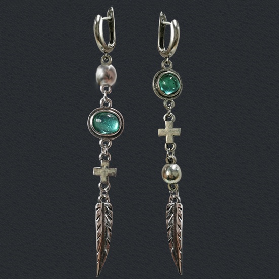 Picture of Boho Chic Bohemia Asymmetric Earrings Gray Green Tassel Feather Imitation Gemstones 9.9cm, 1 Pair