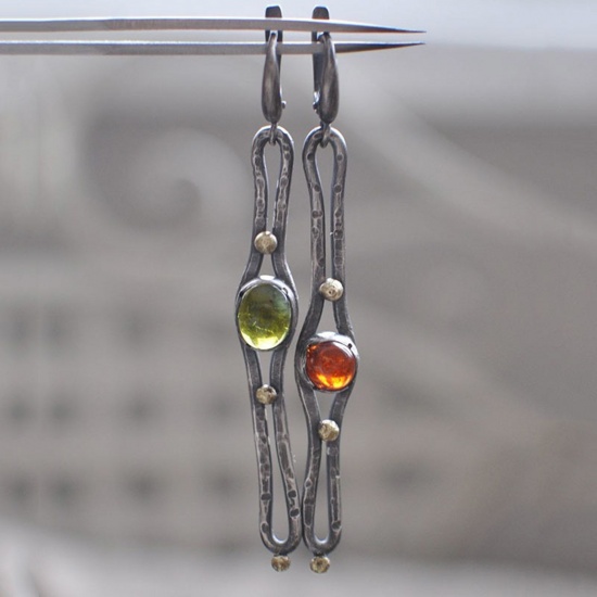 Picture of Boho Chic Bohemia Asymmetric Earrings Antique Silver Color Red & Green Paper Clip Round Imitation Gemstones 6.4cm, 1 Pair