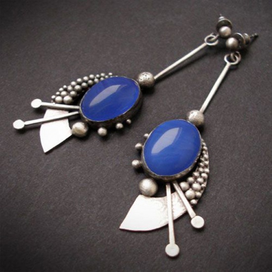 Picture of Boho Chic Bohemia Earrings Antique Silver Color Blue Oval Imitation Gemstones 5cm, 1 Pair