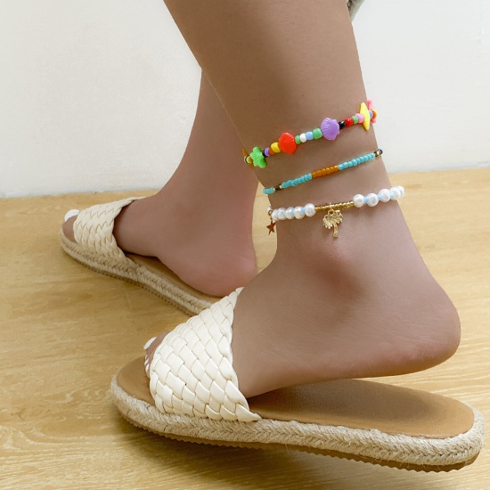 Picture of Acrylic Cute Anklet Set Gold Plated Multicolor Shell Coconut Palm Tree Beaded 21cm(8 2/8") long, 1 Set ( 3 PCs/Set)