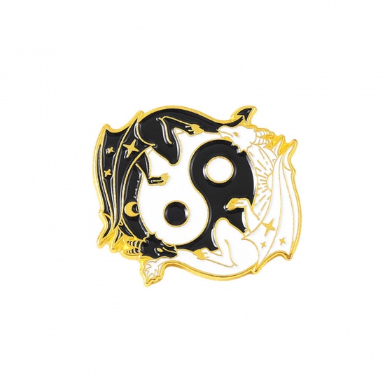 Picture of Religious Pin Brooches Pterosaur/ Pterodactyl Dinosaur Yin Yang Symbol Gold Plated Black & White Enamel 2.5cm x 2.2cm, 1 Piece