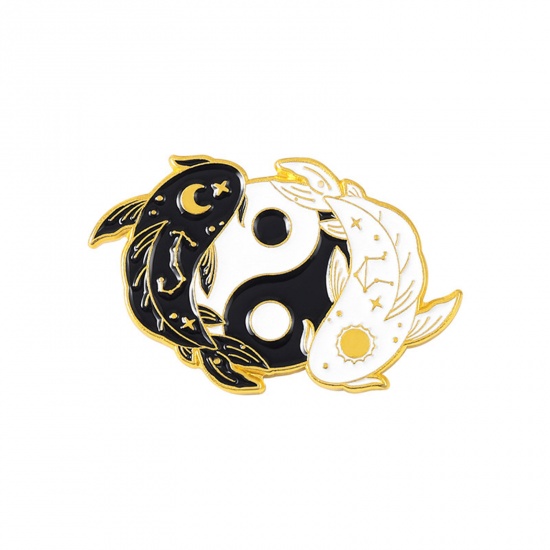 Picture of Religious Pin Brooches Fish Animal Yin Yang Symbol Gold Plated Black & White Enamel 3.5cm x 2cm, 1 Piece