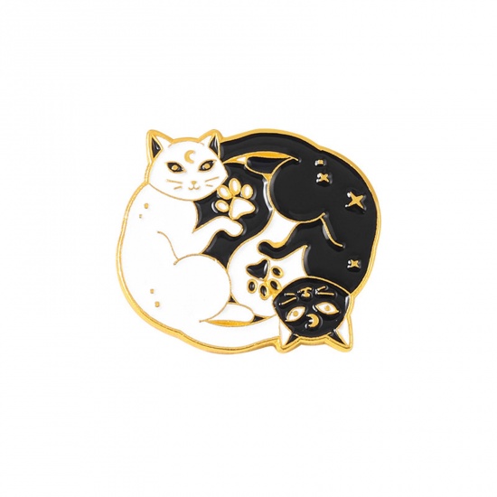 Picture of Religious Pin Brooches Cat Animal Yin Yang Symbol Gold Plated Black & White Enamel 2.5cm x 2cm, 1 Piece
