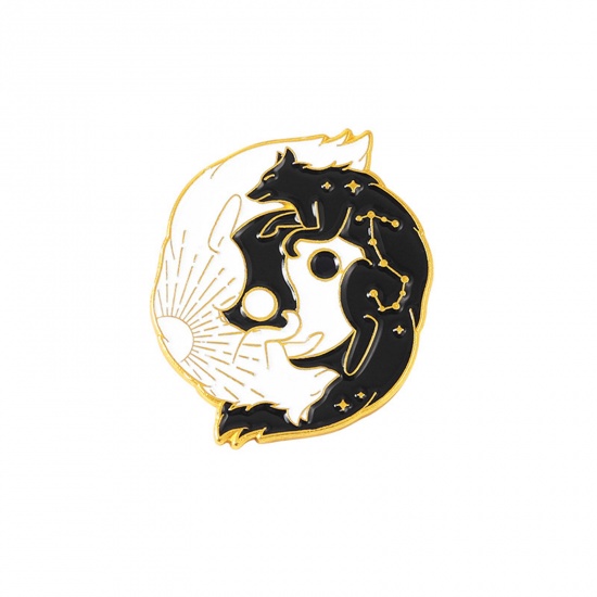 Picture of Religious Pin Brooches Fox Animal Yin Yang Symbol Gold Plated Black & White Enamel 3cm x 2.4cm, 1 Piece