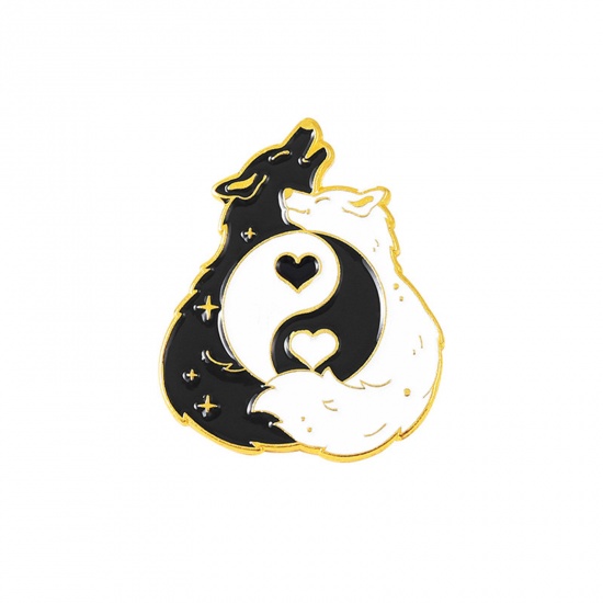 Picture of Religious Pin Brooches Wolf Yin Yang Symbol Gold Plated Black & White Enamel 2.8cm x 2.2cm, 1 Piece