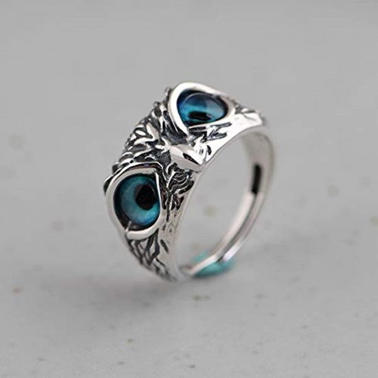 Picture of Retro Open Adjustable Rings Antique Silver Color Owl Animal Blue Cubic Zirconia 1 Piece