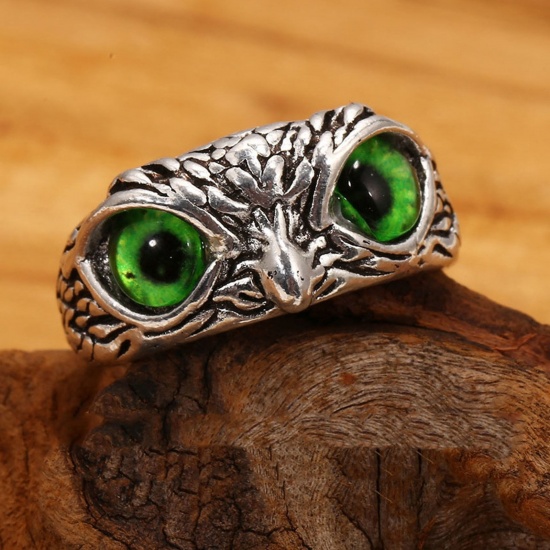 Picture of Retro Open Adjustable Rings Antique Silver Color Owl Animal Green Cubic Zirconia 1 Piece