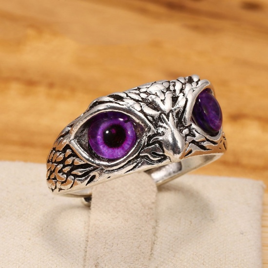 Picture of Retro Open Adjustable Rings Antique Silver Color Owl Animal Purple Cubic Zirconia 1 Piece