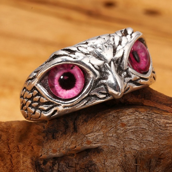 Picture of Retro Open Adjustable Rings Antique Silver Color Owl Animal Pink Cubic Zirconia 1 Piece