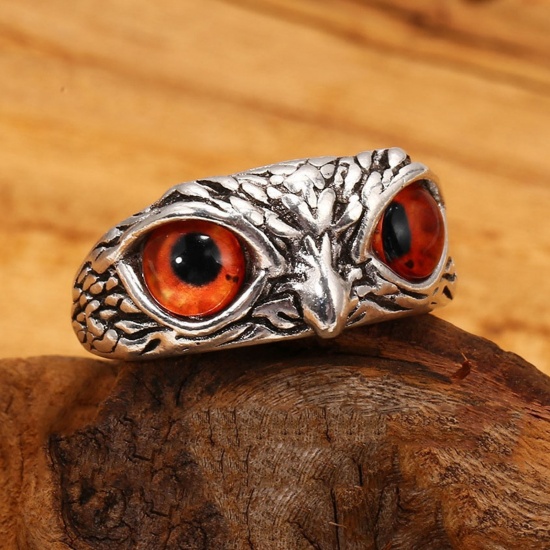 Picture of Retro Open Adjustable Rings Antique Silver Color Owl Animal Orange Cubic Zirconia 1 Piece