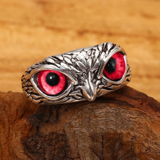 Picture of Retro Open Adjustable Rings Antique Silver Color Owl Animal Red Cubic Zirconia 1 Piece