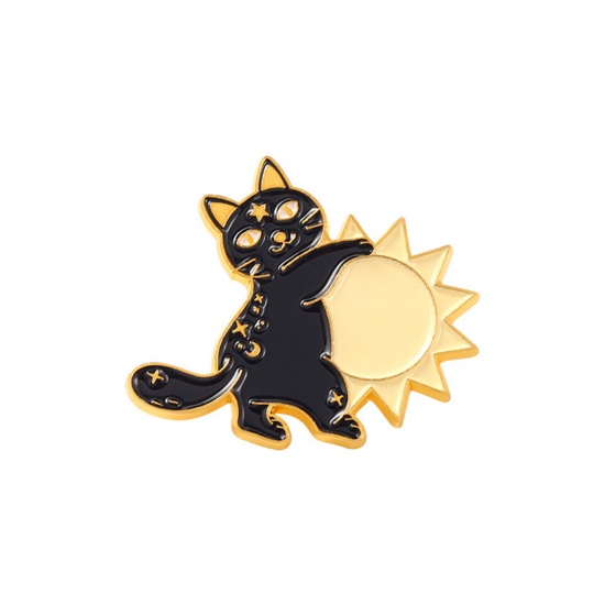 Picture of Halloween Pin Brooches Cat Animal Sun Gold Plated Black Enamel 2.8cm x 2.4cm, 1 Piece