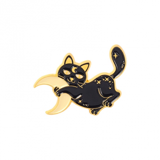 Bild von Halloween Brosche Katze Mond Vergoldet Schwarz Emaille 2.5cm x 1.8cm, 1 Stück