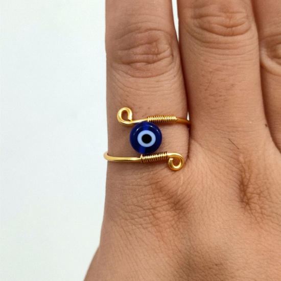 Picture of Copper Stress Relieving Anxiety Fidget Spinner Unadjustable Rings Gold Plated Royal Blue Rotatable Evil Eye 16.5mm(US Size 6), 1 Piece