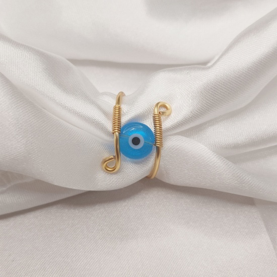 Picture of Copper Stress Relieving Anxiety Fidget Spinner Unadjustable Rings Gold Plated Aqua Blue Rotatable Evil Eye 15.7mm(US Size 5), 1 Piece