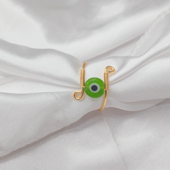 Picture of Copper Stress Relieving Anxiety Fidget Spinner Unadjustable Rings Gold Plated Light Green Rotatable Evil Eye 18.1mm(US Size 8), 1 Piece