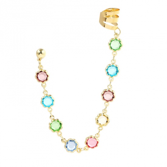 Picture of Stylish Ear Climbers/ Ear Crawlers Link Chain Round Gold Plated Multicolor Rhinestone 11cm, 1 Piece