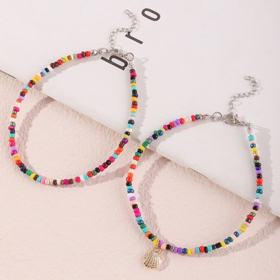 Picture of Resin Boho Chic Bohemia Anklet Set Gold Plated Multicolor Shell Beaded 23cm(9") long, 1 Set ( 2 PCs/Set)