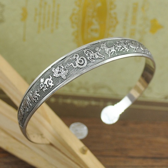 Picture of Boho Chic Bohemia Open Cuff Bangles Bracelets Antique Silver Color Chinese Zodiac Signs Animal 1 Piece