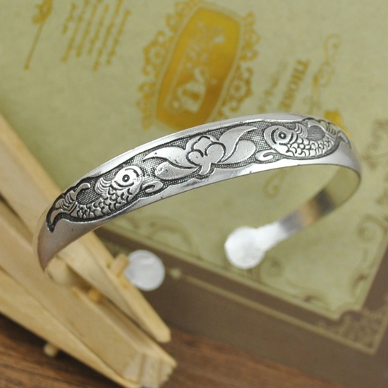 Picture of Ethnic Open Cuff Bangles Bracelets Antique Silver Color Flower Fish 1 Piece