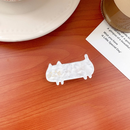 Picture of Acrylic Cute Hair Clips Silver Tone White Cat Animal 4.8cm x 2.3cm, 1 Piece