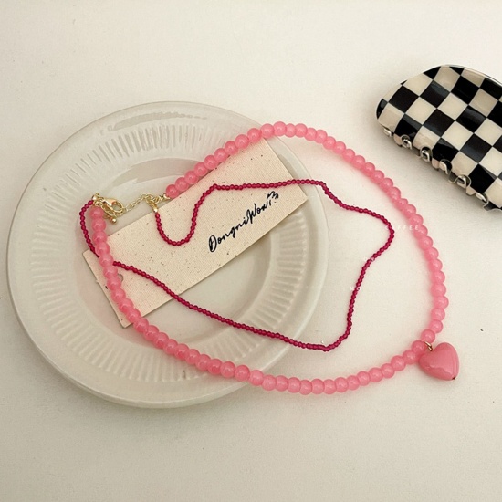 Imagen de Vidrio Murano Elegante Collar Múltiples Capas Fucsia Corazón Con Cuentas 42cm longitud, 1 Unidad