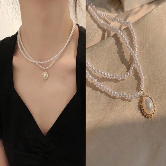 Imagen de Acrílico Barroco Collar Múltiples Capas Chapado en Oro Óvalo Imitación de perla 40cm longitud, 1 Unidad