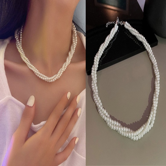 Imagen de Acrílico Barroco Collar Múltiples Capas Trenzado Imitación de perla 40cm longitud, 1 Unidad