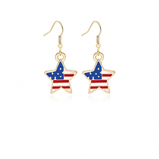 Picture of American Independence Day Ear Wire Hook Earrings Gold Plated Multicolor Pentagram Star Flag Of The United States Enamel 22mm x 19mm, 1 Pair