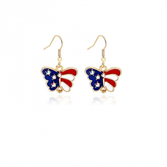 Picture of American Independence Day Ear Wire Hook Earrings Gold Plated Multicolor Butterfly Animal Flag Of The United States Enamel 22mm x 19mm, 1 Pair