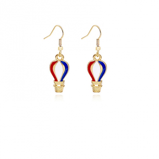 Picture of American Independence Day Ear Wire Hook Earrings Gold Plated Multicolor Fire Balloon Flag Of The United States Enamel 22mm x 19mm, 1 Pair