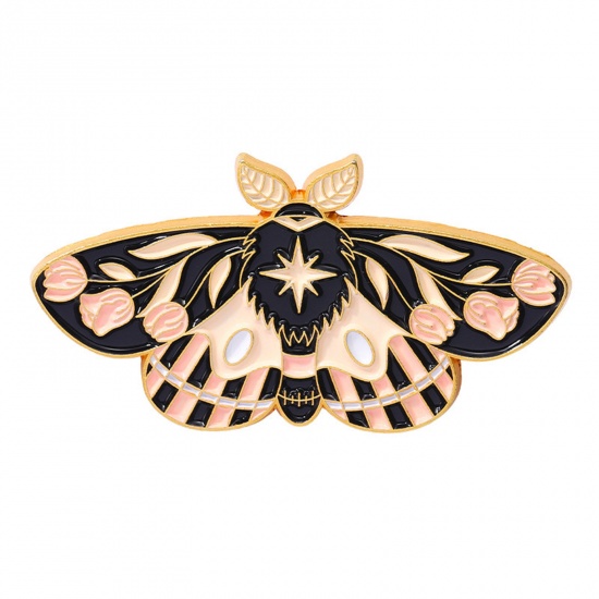 Picture of Insect Pin Brooches Butterfly Animal Eight Pointed Star Gold Plated Pink Enamel 4.3cm x 2.3cm, 1 Piece
