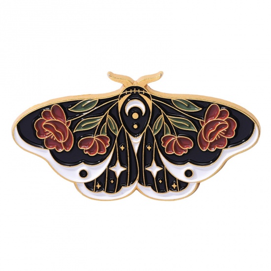 Picture of Insect Pin Brooches Butterfly Animal Flower Gold Plated Red Enamel 4.3cm x 2.3cm, 1 Piece