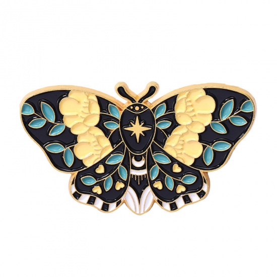 Picture of Insect Pin Brooches Butterfly Animal Leaf Gold Plated Blue Enamel 4.3cm x 2.3cm, 1 Piece