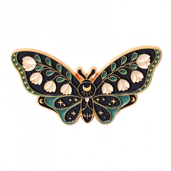 Picture of Insect Pin Brooches Butterfly Animal Flower Gold Plated Black Enamel 4.3cm x 2.3cm, 1 Piece