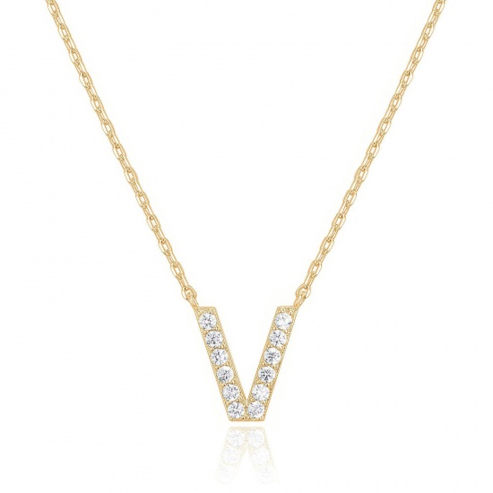 Bild von Hypoallergen Einfach und lässig Exquisit 14K Gold plattiert Sterling Silber Erbskette Kette Anfangsbuchstabe/ Großbuchstabe Message " V " Anhänger Halskette Für Frauen Muttertag 45cm lang, 1 Strang