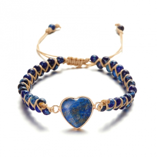 Image de Bracelets Tressés Style Bohème en Pierre Bleu Cœur Réglable 16-26cm Long, 1 Pièce