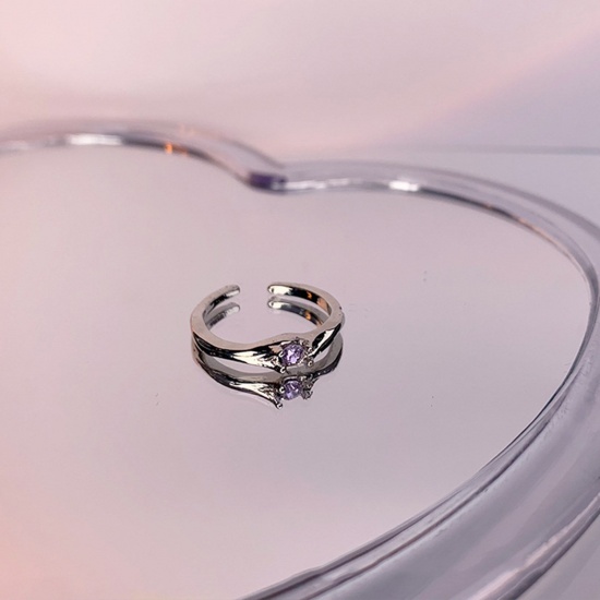 銅 素敵 オープンタイプ 調整可能 リング 指輪 銀メッキ 紫 模造宝石 直径17mm (日本サイズ約13号)、1 個 の画像