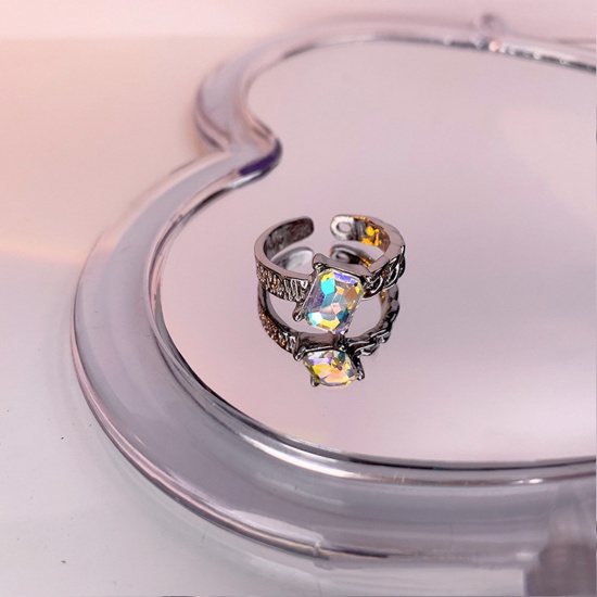 銅 素敵 オープンタイプ 調整可能 リング 指輪 銀メッキ クリアABカラー 模造宝石 直径17mm (日本サイズ約13号)、1 個 の画像