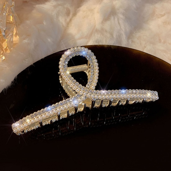 Immagine di Elegante Fermaglio per Capelli Oro Placcato Trasparente Strass Imitata Perla 11.3cm , 1 Pz